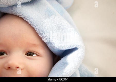 drei Monate altes Baby eingehüllt in blaue Decke Stockfoto