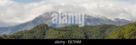 Berge im Naturpark Sierra de las Nieves, La Torrecilla Gipfel bedeckt mit Schnee, Andalusien, Spanien. Stockfoto