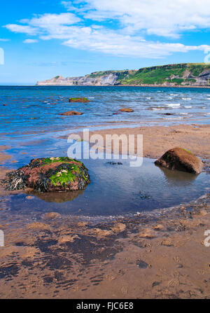 Flut füllt einen Felsenpool am sandigen Strand von Runswick Bay, North Yorkshire, England UK Stockfoto