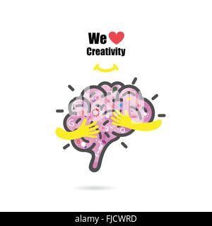 Kreative Gehirnhälfte Logo Design Vektor-Vorlage mit kleinen Hand. Bildung und Wirtschaft Logo Konzept. Vektor-illustration Stock Vektor