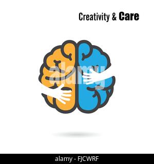 Kreative Gehirnhälfte Logo Design Vektor-Vorlage mit kleinen Hand. Bildung und Wirtschaft Logo Konzept. Vektor-illustration Stock Vektor