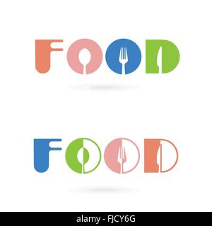 Kreative Küche Wort Logo Designelemente mit Löffel, Messer und Gabel. Fastfood-Logo, Essen und trinken-Konzept. Vektor-illustration Stock Vektor