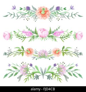 Romantisch elegant Grenzen mit wilden Kräutern und Wiesenblumen für Karte, Einladung, Hochzeit Design auf weißem Hintergrund Stockfoto