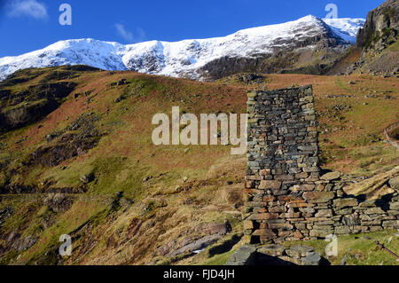 Alte Ruinen der Mine Gebäude in der Kupfer-Minen-Tal mit Coniston Greis und Krempe fiel im Hintergrund Stockfoto