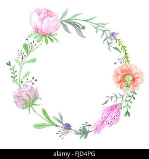 Runde Eco Rahmen mit wilde Wiesenblumen und Kräuter isoliert auf weißem Hintergrund für Karte, Einladung, print-design Stockfoto