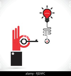Geschäftsmann Hand und wichtige Schild mit Symbol kreativen Glühbirne. Fortschreiten der Idee Konzept. Wirtschaft, Bildung und Industrie Stock Vektor
