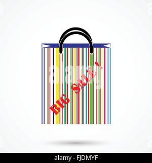Kreative abstrakte Einkaufstasche-Logo-Design mit Barcode-Symbol. Verkauf-Symbol, Rabatt, Förderung, Verkauf-Konzept. Vektor-Illustration. Stock Vektor