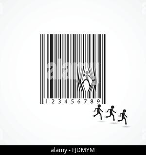 Geschäftsmann Schild mit Verfall Barcode. Zu entkommen, fliehen, heben, bewegen, Kraft, Preis, Preis, Cartoon, Business-Konzept. Vektor-Illustration. Stock Vektor