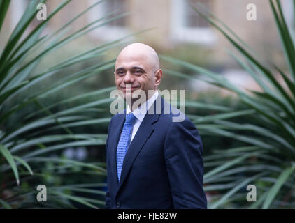 Sajid Javid, Staatssekretär für Wirtschaft, Innovation und Kompetenz, kommt in der Downing Street für die wöchentlichen Kabinettssitzung Stockfoto