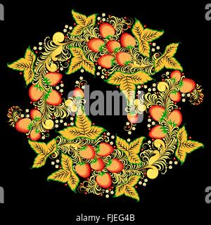 Runde Ornament im Chochloma Stil - traditionelle russische Malerei, mit Obstüberguss und Blumen Stock Vektor