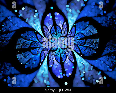 Blau leuchtende magische Glasmalerei Ornament mit Partikeln, Schärfentiefe, Bokeh, Computer generierte abstrakten Hintergrund Stockfoto