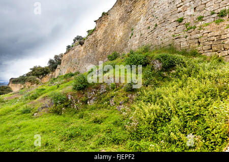 Seitenansicht eines Teils der Außenwände der alten Zitadelle von Kuelap im Norden Perus. Stockfoto