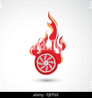 Rad in Feuer-Flamme-Logo-Design-Vektor-Vorlage. Auto-Schriftzug. Konzept-Symbol für Rennen, Auto-Reparatur-Service, Reifen-Shop. Vektor krank Stock Vektor