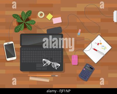 Arbeitsplatz Schreibtisch Vektor Draufsicht Stock Vektor