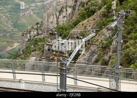 Erhöhte Ansicht der Eisenbahn Kontakt Linie auf Gebirgshintergrund in Montserrat Abbey in der Nähe von Barcelona, Katalonien, Spanien. Stockfoto