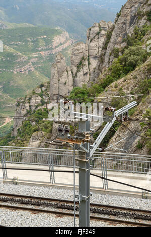 Erhöhte Ansicht der Eisenbahn Kontakt Linie auf Gebirgshintergrund in Montserrat Abbey in der Nähe von Barcelona, Katalonien, Spanien. Stockfoto