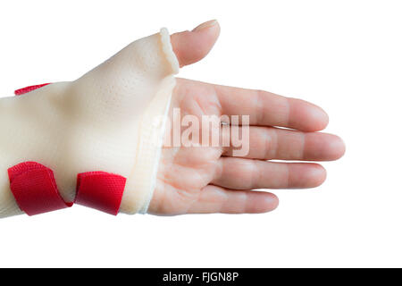 Handfläche gerade gehaltene linke Hand mit Handgelenk und Daumen splint Stockfoto