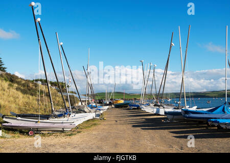 Segelboote und Katamarane im Beiboot Park am Rock, Cornwall, UK Stockfoto