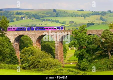 Machen Sie es sich Carlisle Bahnstrecke. Sprinter Diesel Personenzug überfahren trocken Beck Viadukt, Eden Valley, Cumbria, England. Stockfoto