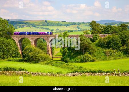 Machen Sie es sich Carlisle Bahnstrecke. Sprinter Diesel Personenzug überfahren trocken Beck Viadukt, Eden Valley, Cumbria, England. Stockfoto