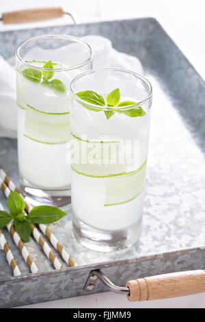 Basil Gurke prickelndes Getränk in hohe Gläser Stockfoto