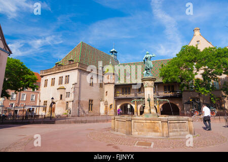 Brunnen von Baron Lazare de Schwendi und Koifhus am Place de L´Ancienne Douane, Colmar, Elsass, Haut-Rhin, Frankreich Stockfoto