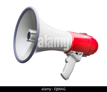 Rote und weiße Megaphon öffentliche Adresse Megaphon isoliert auf weißem Hintergrund Stockfoto