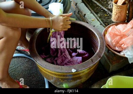 Thai-Frauen binden Batik färben Rot und rosa Naturfarbe hergestellt aus Kerridae in Nonthaburi, Thailand. Stockfoto