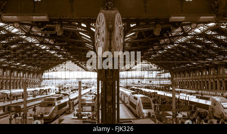 Im Weitwinkel TGV-Züge am Bahnhof Gare de Lyon, Paris, Frankreich Stockfoto