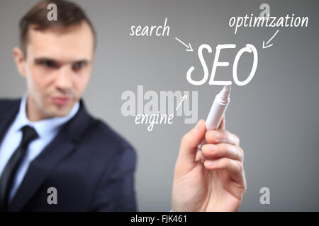 SEO-Flow-Chart geschrieben von Executive als Hintergrund Stockfoto