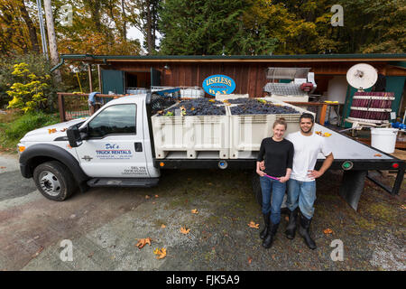 Porträt von Kleinunternehmern mit Lastwagen voller Rotweintrauben auf ihrem Weingut, Washington, Vereinigte Staaten von Amerika. Stockfoto