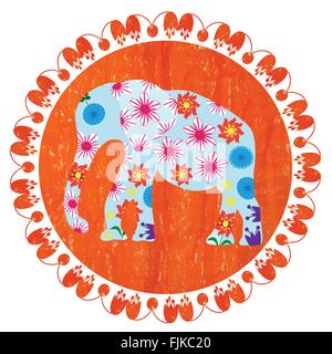 Cartoon-helle dekorative Elefant im Grunge orange Runde Hintergrund, Vektor Stock Vektor