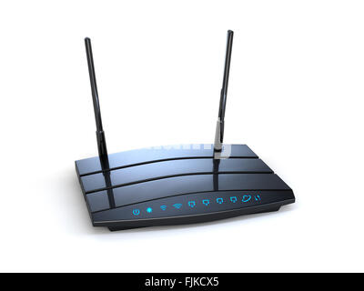 3D moderne Wireless-WiFi-schwarz-Router mit zwei Antennen und blaue Indikatoren isoliert auf weißem Hintergrund. High-Speed Internet co Stockfoto