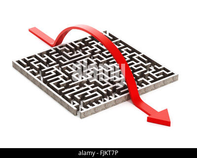 Roter Pfeil Übergang über das Labyrinth isoliert auf weißem Hintergrund Stockfoto