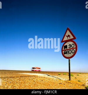 Verkehrszeichen in der Wüste Warnung für Kamele und unter Angabe der Höchstgeschwindigkeit. Im Hintergrund ein bus Stockfoto