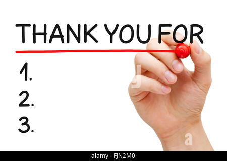Hand, unterstreichend, vielen Dank für die Liste mit roten Markierung isoliert auf weiss. Stockfoto