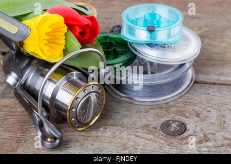 Angeln mit Frühling Blumen Narzissen und Tulpen auf hölzernen Hintergrund für Outdoor-aktive Geschäftstätigkeit für Frauen Geschenk Stockfoto