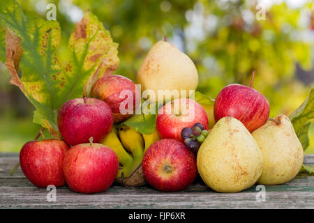 Früchte in Holztisch im Freien im Garten Stockfoto