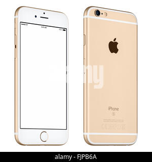 Varna, Bulgarien - 24. Oktober 2015: Vorderansicht der Gold Apple iPhone 6 s Mockup mit weißen Bildschirm leicht gedreht und Rückseite Stockfoto