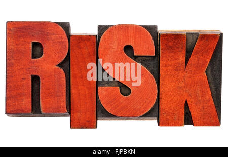 Risiko - isolierte Wort abstrakt in Vintage Buchdruck Holzart von roter Tinte befleckt Stockfoto
