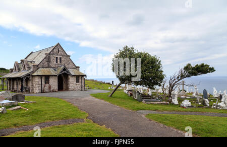 Windgepeitschten Bäumen hart rechts auf die irische See auf dem Friedhof der St. Tudno Kirche, Great Orme, Llandudno gelehnt Stockfoto