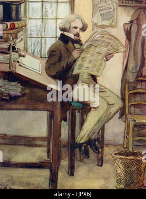 Der scharlachrote Buchstabe, eine Romanze von Nathaniel Hawthorme. Zuerst veröffentlicht 1850. Illustrationen von Hugh Thomson. Bildunterschrift lautet: Hawthorne in das Zollhaus. Hawthorne entdeckt von Einführung, wie diese Geschichte. Er war Chief Executive Officer von Salem Custom-House während des mid-1800 s (Roman im 17. Jahrhundert puritanischen Boston, Massachusetts, 1642 bis 1649, es erzählt die Geschichte von Hester Prynne, wer eine Tochter durch eine Affäre begreift). US-amerikanische Schriftstellerin NH 4 1804 – 19. Mai 1864. HT englischer Illustrator 1860-1920. Stockfoto