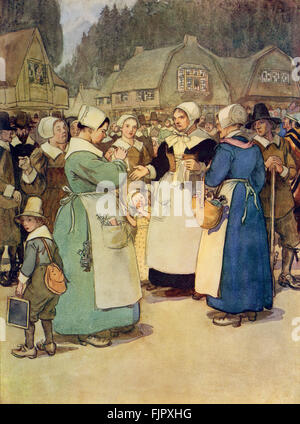 Der scharlachrote Buchstabe, eine Romanze von Nathaniel Hawthorme. Zuerst veröffentlicht 1850. Illustrationen von Hugh Thomson. Bildunterschrift lautet: "Goodwives", sagte eine harte vorgestellten Dame, "Ich sage euch eine Stück von meinem Geist".  (Kapitel 2)     (Roman im 17. Jahrhundert puritanischen Boston, Massachusetts, 1642 bis 1649, erzählt die Geschichte von Hester Prynne, wer eine Tochter durch eine Affäre begreift). US-amerikanische Schriftstellerin NH 4 1804 – 19. Mai 1864. HT englischer Illustrator 1860-1920. Stockfoto