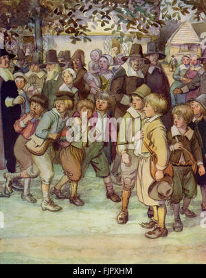 Der scharlachrote Buchstabe, eine Romanze von Nathaniel Hawthorme. Zuerst veröffentlicht 1850. Illustrationen von Hugh Thomson. Bildunterschrift lautet: (Hester Prynne festgelegten auf den Platz für ihre Strafe ernannt.)  "Eine Menge von gespannt und neugierig Schuljungen".  (Kapitel 2)  (Roman im 17. Jahrhundert puritanischen Boston, Massachusetts, 1642 bis 1649, erzählt die Geschichte von Hester Prynne, wer eine Tochter durch eine Affäre begreift). US-amerikanische Schriftstellerin NH 4 1804 – 19. Mai 1864. HT englischer Illustrator 1860-1920. Stockfoto