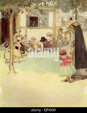 Der scharlachrote Buchstabe, eine Romanze von Nathaniel Hawthorme. Zuerst veröffentlicht 1850. Illustrationen von Hugh Thomson. Bildunterschrift lautet: sie sahen die Kinder der Siedlung am Rande der Straße, grasbewachsenen... selbst in solch düstere Mode miteinander, wie die Puritanic pflegen... . (Kapitel 6).       (Roman im 17. Jahrhundert puritanischen Boston, Massachusetts, 1642 bis 1649, erzählt die Geschichte von Hester Prynne, wer eine Tochter durch eine Affäre begreift). US-amerikanische Schriftstellerin NH 4 1804 – 19. Mai 1864. HT englischer Illustrator 1860-1920. Stockfoto