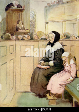 Der scharlachrote Buchstabe, eine Romanze von Nathaniel Hawthorme. Zuerst veröffentlicht 1850. Illustrationen von Hugh Thomson. Bildunterschrift lautet: eine fromme Witwe des guten sozialen Rang (der Pfarrer Herr Dimmesdale und Roger Chillingworth eingelegt). (Kapitel 9).  (Roman im 17. Jahrhundert puritanischen Boston, Massachusetts, 1642 bis 1649, erzählt die Geschichte von Hester Prynne, wer eine Tochter durch eine Affäre begreift). US-amerikanische Schriftstellerin NH 4 1804 – 19. Mai 1864. HT englischer Illustrator 1860-1920. Stockfoto