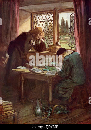 Der scharlachrote Buchstabe, eine Romanze von Nathaniel Hawthorme. Zuerst veröffentlicht 1850. Illustrationen von Hugh Thomson. Bildunterschrift lautet: ein Tag lehnte seine Stirn an seiner Hand Reverend Herr Dimmesdale und Roger Chilingworth). (Kapitel 10).  (Roman im 17. Jahrhundert puritanischen Boston, Massachusetts, 1642 bis 1649, erzählt die Geschichte von Hester Prynne, wer eine Tochter durch eine Affäre begreift). US-amerikanische Schriftstellerin NH 4 1804 – 19. Mai 1864. HT englischer Illustrator 1860-1920. Stockfoto