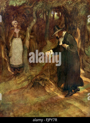 Der scharlachrote Buchstabe, eine Romanze von Nathaniel Hawthorme. Zuerst veröffentlicht 1850. Illustrationen von Hugh Thomson. Bildunterschrift lautet: "sie sah den Minister voran (Hester sieht Dimmesdale suchen verzweifelt im Wald). "(Kapitel 16).  (Roman im 17. Jahrhundert puritanischen Boston, Massachusetts, 1642 bis 1649, erzählt die Geschichte von Hester Prynne, wer eine Tochter durch eine Affäre begreift). US-amerikanische Schriftstellerin NH 4 1804 – 19. Mai 1864. HT englischer Illustrator 1860-1920. Stockfoto