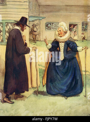 Der scharlachrote Buchstabe, eine Romanze von Nathaniel Hawthorme. Zuerst veröffentlicht 1850. Illustrationen von Hugh Thomson. Bildunterschrift lautet: "So Reverend Sir, haben Sie einen Besuch in den Wald gemacht", beobachtet der Hexe-junge. (Mistress Hibbins und Reverend Herr Dimmesdale) "(Kapitel 20).  (Roman im 17. Jahrhundert puritanischen Boston, Massachusetts, 1642 bis 1649, erzählt die Geschichte von Hester Prynne, wer eine Tochter durch eine Affäre begreift). US-amerikanische Schriftstellerin NH 4 1804 – 19. Mai 1864. HT englischer Illustrator 1860-1920. Stockfoto