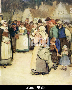 Der scharlachrote Buchstabe, eine Romanze von Nathaniel Hawthorme. Zuerst veröffentlicht 1850. Illustrationen von Hugh Thomson. Bildunterschrift lautet: "Hester am Fuße des Gerüstes (warten auf Dimmesdale sprechen, zu hören und wo gesteht er tatsächlich der Vater von Pearl)" (Kapitel 23).  (Roman im 17. Jahrhundert puritanischen Boston, Massachusetts, 1642 bis 1649, erzählt die Geschichte von Hester Prynne, wer eine Tochter durch eine Affäre begreift). US-amerikanische Schriftstellerin NH 4 1804 – 19. Mai 1864. HT englischer Illustrator 1860-1920. Stockfoto